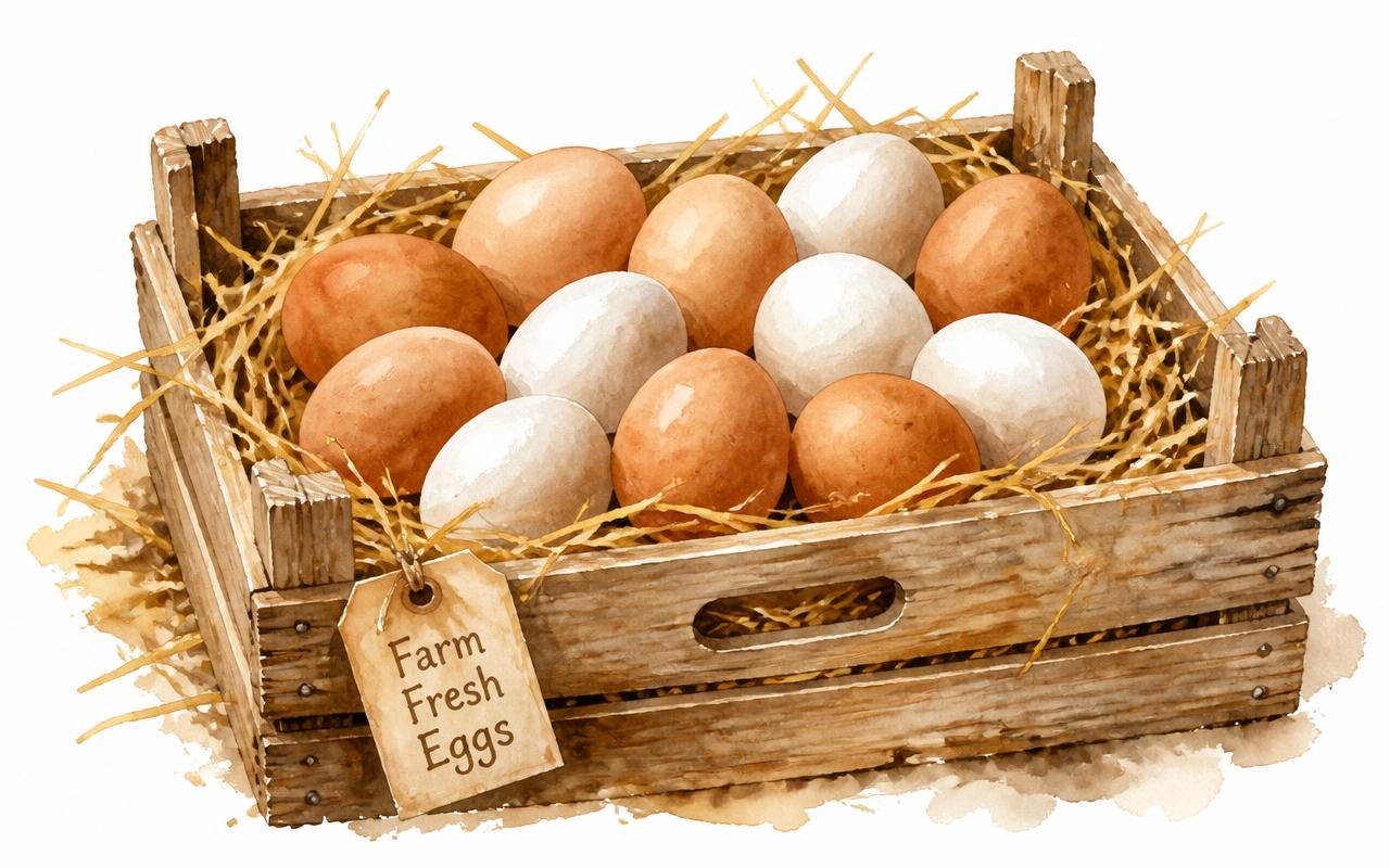 A crate of fresh farm eggs