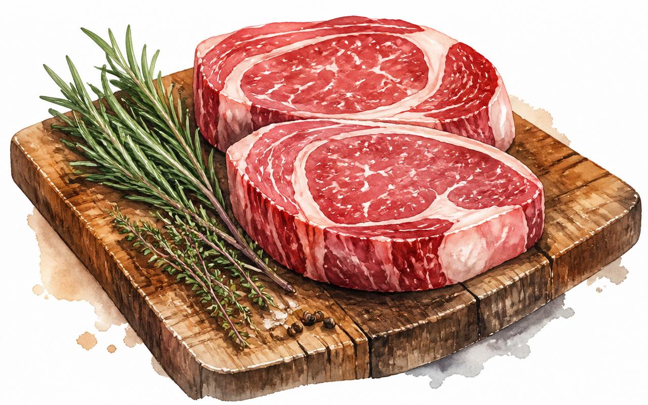 Raw steaks on a wooden butcher block